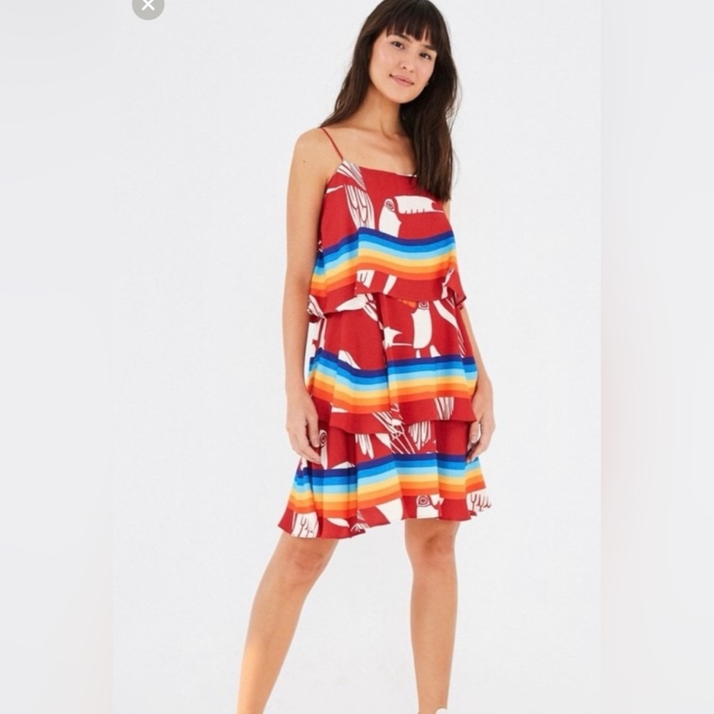 Farm Rio Mini Dress Sz M Tucano Tiered Dress Red Vacation Tropical Viscose